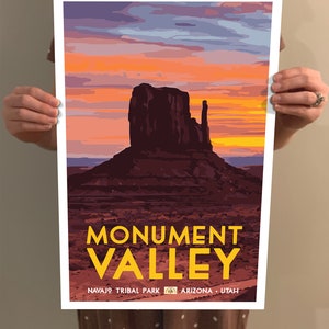 May include: A vintage-style poster depicting a sunset over Monument Valley, Arizona and Utah. The poster features a silhouette of a butte with the text "Monument Valley" in yellow letters and "Navajo Tribal Park, Arizona, Utah" in smaller letters below.