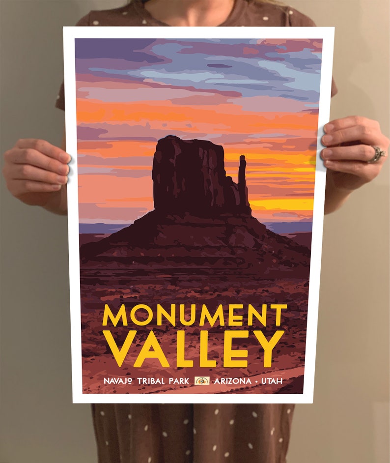 May include: A vintage-style poster depicting a sunset over Monument Valley, Arizona and Utah. The poster features a silhouette of a butte with the text "Monument Valley" in yellow letters and "Navajo Tribal Park, Arizona, Utah" in smaller letters below.