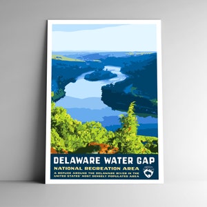 Pôster de viagem estilo vintage da área de recreação nacional de Delaware Water Gap - 8x10 - 12x18 - 18x24 - 24x3 6/4x6 Cartão postal estilo WPA impressão artística dos EUA
