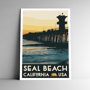 Seal Beach WPA-Style vintage-Style Travel Poster - 8x10 - 12x18 - 18x24 - 24x36 / 4x6 Carte postale California USA Retro Art Print Pier Pacific