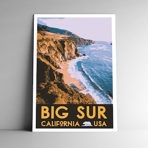 Cartel de viaje de estilo vintage de Big Sur - 8x10 - 12x18 - 18x24 - 24x36 / 4x6 Postal Estilo WPA California Costa del Pacífico EE.UU. Retro EE.UU. Impresión de arte