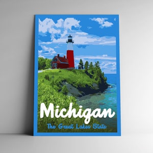 Michigan : affiche de voyage de style vintage de l'État des Grands Lacs/carte postale/autocollant/aimant style rétro WPA Nos cinquante États impression 50 art mural
