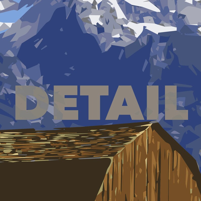 May include: A stylized illustration of a mountain range with a wooden barn in the foreground. The word "DETAIL" is written in gray text across the top of the image.