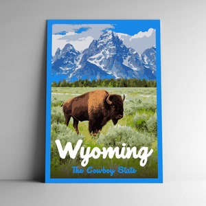 Wyoming : affiche de voyage de style vintage Cowboy State / carte postale / autocollant / aimant rétro style WPA Impression d'art Our Fifty States 50 Art mural