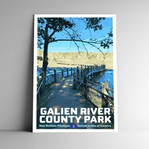 Galien River County Park Cartaz de viagem estilo vintage 8x10 12x18 18x24 24x3 6/4x6 Cartão postal Estilo WPA Michigan New Buffalo EUA Impressão de arte retrô