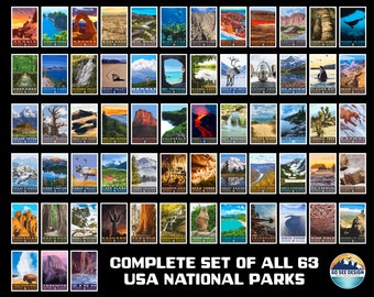 Naklejki z motywami parków narodowych – zestaw 63 sztuk, naklejki podróżne w stylu vintage