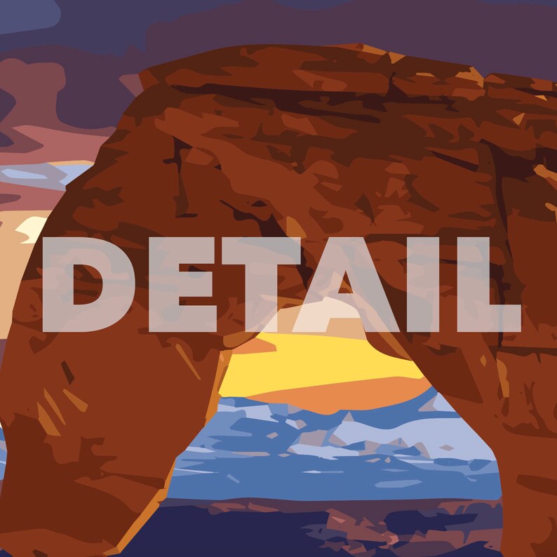 May include: A large, red sandstone archway with a view of a blue and white sky and mountains in the distance. The word "DETAIL" is written in white letters across the archway.