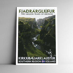 Affiche de voyage de style vintage Fjaðrárgljúfur Canyon - 8x10 - 12x18 - 18x24 - 24x36 / 4x6 Carte postale Fjadrargljufur Islande River Art Print