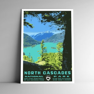 Poster di viaggio in stile vintage del Parco nazionale delle Cascade del Nord, cartolina, adesivo, magnete, stampa artistica retrò in stile WPA, Washington, Stati Uniti
