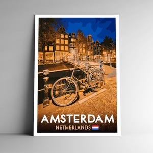 Amsterdam Pays-Bas Affiche de voyage de style WPA de style vintage 8 x 10-12 x 18-18x24-24x36/4x6 Carte postale Carte postale rétro Art Print Art mural Pays-Bas