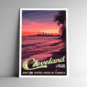 Cartaz de viagem em estilo vintage de Cleveland, Ohio - 8x10 12x18 18x24 24x36 / 4x6 Cartão postal Lago Erie ao nascer do sol, horizonte da cidade, EUA, impressão de arte retrô