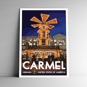 Carmel Indiana Christkindlmarkt Cartaz de viagem estilo vintage -8x10 - 12x18 - 18x24 - 24x36 / 4x6 Cartão postal Estilo WPA Impressão artística dos Estados Unidos