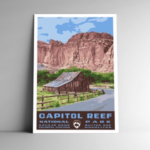 Affiche de voyage de style vintage du parc national de Capitol Reef/carte postale/autocollant/aimant style rétro WPA Utah USA impression d'art murale art déco