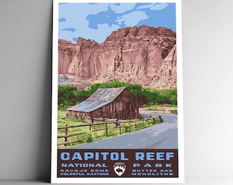 Capitol Reef National Park Vintage-Style Travel Poster / Postcard / Sticker / Magnet Retro WPA Style Utah USA US Art Print Wall Art Decor