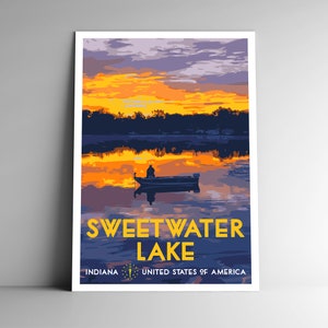 Sweetwater Lake, Indiana Vintage-Stil Reise Poster 8x10 - 12x18 - 18x24 - 24x36 / 4x6 Postkarte WPA Style IN Hoosier USA Retro Art Print