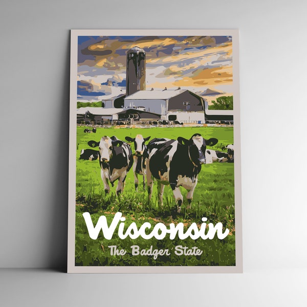 Wisconsin: The Badger State Vintage-Style Travel Poster / Postcard / Sticker / Magnet Retro WPA Style Our Fifty States 50 Art Print Wall Art