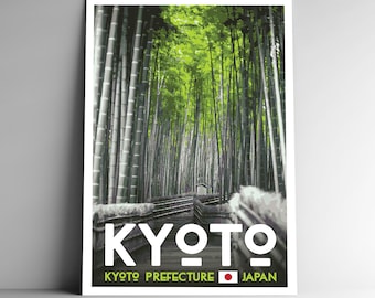 May include: A poster with a photo of a bamboo forest in Kyoto, Japan. The poster has the text "KYOTO" in large white letters and the text "KYOTO PREFECTURE  JAPAN" in smaller white letters below the photo. The Japanese flag is also included in the text.