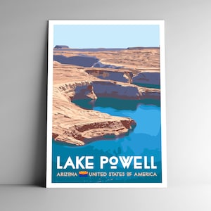 Poster de viagem estilo vintage Lake Powell Arizona 8x10 - 12x18 - 18x24 - 24x36 / 4x6 Cartão postal estilo WPA Grand Canyon EUA arte impressa arte de parede