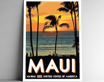 Maui WPA Style Vintage-Style Travel Poster - 8x10 - 12x18 - 18x24 - 24x36 / 4x6 Postcard Hawaii USA Beach Luau Palm Trees Art Print America