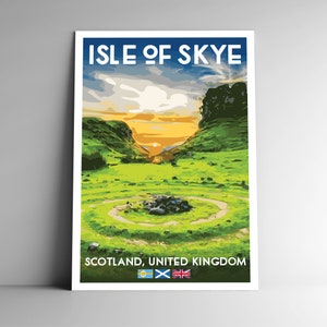 Cartel de viaje de estilo vintage de la Isla de Skye - 8x10 - 12x18 - 18x24 - 24x36 / 4x6 Postal Escocia Reino Unido Gran Bretaña Retro Art Print