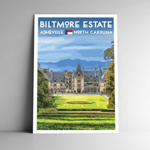 Biltmore Estate Asheville, NC Cartaz de viagem estilo vintage - 8x10 12x18 18x24 24x36 / 4x6 Cartão postal Carolina do Norte EUA América Retro Art Print