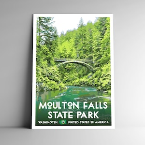 Pôster de viagem em estilo vintage do Parque Estadual de Moulton Falls - 8x10 12x18 18x24 24x36 / 4x6 Cartão postal Estilo WPA Washington EUA Impressão de arte retrô