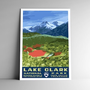 Poster di viaggio in stile vintage del Parco Nazionale del Lago Clark/Cartolina/Adesivo/Magnete Stile WPA retrò Alaska Sockeye Salmon USA Decorazione con stampa artistica