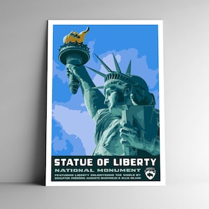Monumento Nacional da Estátua da Liberdade Estilo WPA Pôster de viagem estilo vintage 8x10 - 12x18 - 18x24 - 24x36 / 4x6 Cartão postal Nova York EUA Impressão artística
