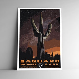 Cartel de viaje de estilo vintage del Parque Nacional Saguaro / Postal / Pegatina / Imán Retro WPA Estilo Arizona EE. UU. Impresión de arte Decoración de arte de pared