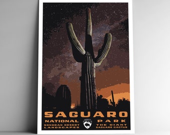 Saguaro National Park Vintage-Style Travel Poster / Postcard / Sticker / Magnet Retro WPA Style Arizona USA Art Print Wall Art Decor