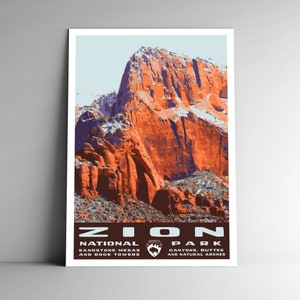Cartel de viaje de estilo vintage del Parque Nacional Zion / Postal / Pegatina / Imán Retro WPA Estilo Utah Angels Landing USA Art Print Wall Art