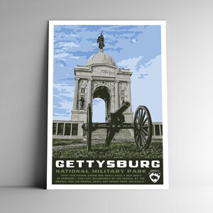 Pôster de viagem em estilo vintage do Parque Militar Nacional de Gettysburg - 8x10 - 12x18 - 18x24 / 4x6 Cartão postal Estilo WPA Impressão em campo de batalha da Pensilvânia