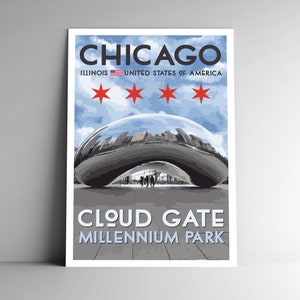 Chicago Cloud Gate "The Bean" Poster de viagem estilo vintage 8x10 - 12x18 - 18x24 - 24x36 / 4x6 Cartão postal Millennium Park Illinois EUA Impressão artística