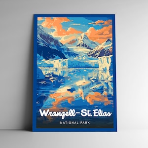 Wrangell-St. Affiche de voyage de style vintage du parc national d'Elias/carte postale/autocollant/aimant série design Alaska Etats-Unis, impression d'art, art mural