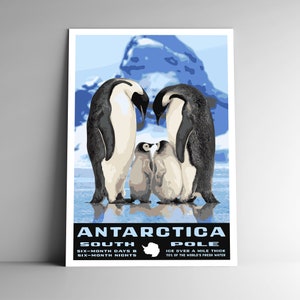 Poster de viagem estilo vintage da Antártida WPA - 8x10 12x18 18x24 24x3 6 / 4x6 Cartão postal Pólo Sul Pinguim Imperador Retro Art Print