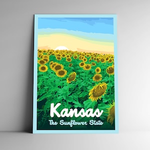 Kansas: Poster di viaggio in stile vintage The Sunflower State / Cartolina / Adesivo / Magnete Stile WPA retrò I nostri Cinquanta Stati Stampa 50 USA Wall Art