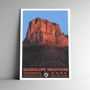 May include: A vintage travel poster for Guadalupe Mountains National Park in Texas. The poster features a red-orange mountain range against a blue sky. The text reads "Guadalupe Mountains National Park", "Guadalupe Peak, the highest point in Texas", and "McKittrick Canyon, Chihuahuan Desert".