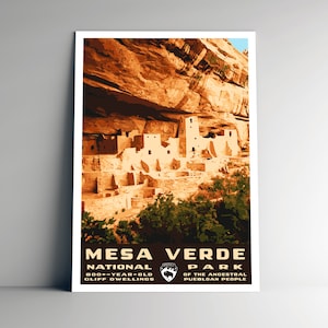 Cartel de viaje de estilo vintage del Parque Nacional Mesa Verde / Postal / Etiqueta adhesiva / Imán Estilo WPA Colorado EE. UU. Retro EE. UU. Lámina artística