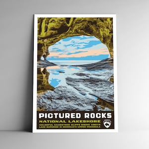 Pictured Rocks National Lakeshore affiche de voyage de style vintage - 8x10 - 12x18 - 18x24 - 24x36 / 4x6 Carte postale WPA Style Michigan USA Art Print