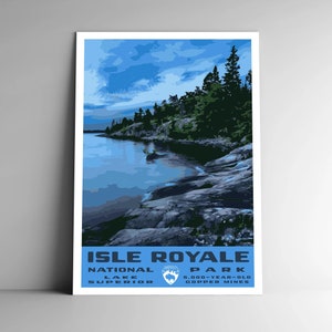 Pôster de viagem estilo vintage do Parque Nacional Isle Royale / cartão postal / adesivo / ímã retrô estilo WPA Michigan EUA América arte impressa arte de parede
