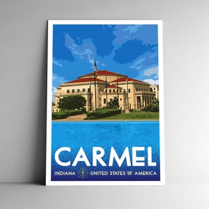 Carmel Indiana Cartaz de viagem estilo vintage -8x10 - 12x18 - 18x24 - 24x36 / 4x6 Cartão postal Estilo WPA Estados Unidos EUA Impressão artística