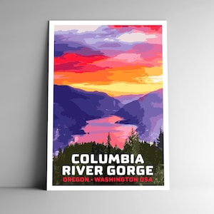 Pôster de viagem estilo vintage Columbia River Gorge - 8x10 - 12x18 - 18x24 - 24x36 / 4x6 Cartão postal Estilo WPA Oregon / Washington EUA Impressão artística