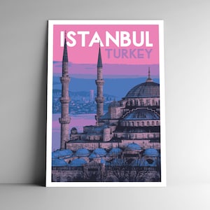 Poster de viagem estilo vintage de Istambul Turquia WPA - 8x10 - 12x18 - 18x24 - 24x36 / 4x6 Cartão postal Hagia Sophia Art Print Mesquita turca