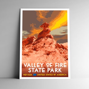 Poster di viaggio in stile vintage del Valley of Fire State Park - 8x10 - 12x18 - 18x24 - 24x36 / 4x6 Cartolina WPA Style Nevada USA Retro Art Print