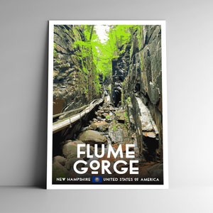 Cartaz de viagem estilo vintage Flume Gorge - 8x10 12x18 18x24 24x36 / 4x6 Cartão postal estilo WPA New Hampshire EUA Estados Unidos Impressão de arte retrô