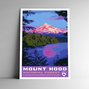 Pôster de viagem estilo vintage da floresta nacional Mount Hood WPA - 8x10 12x18 18x24 24x36 / 4x6 Cartão postal Oregon EUA Estados Unidos Impressão artística