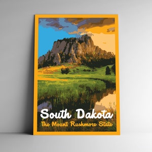 South Dakota: Poster di viaggio in stile vintage dello stato del Monte Rushmore, cartolina, adesivo, magnete, stile WPA retrò, la nostra arte da parete dei Cinquanta Stati