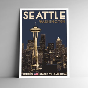 Cartaz de viagem estilo vintage de Seattle - 8x10 12x18 18x24 24x36 / 4x6 Cartão postal Estilo WPA Washington Estados Unidos Space Needle EUA Impressão artística