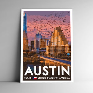 Poster de viagem estilo vintage de Austin Texas 4x6 - 8x10 - 12x18 - 18x24 - 24x36 / 4x6 Cartão postal EUA EUA Estados Unidos da América Impressão artística retrô