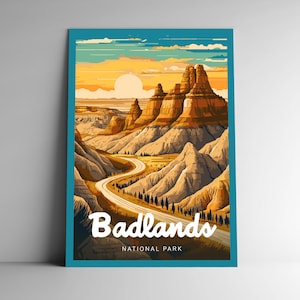 Póster de viaje de estilo vintage del Parque Nacional Badlands / Postal / Etiqueta adhesiva / Magnet Designer Series Arte de pared de Dakota del Sur EE. UU. Lámina artística